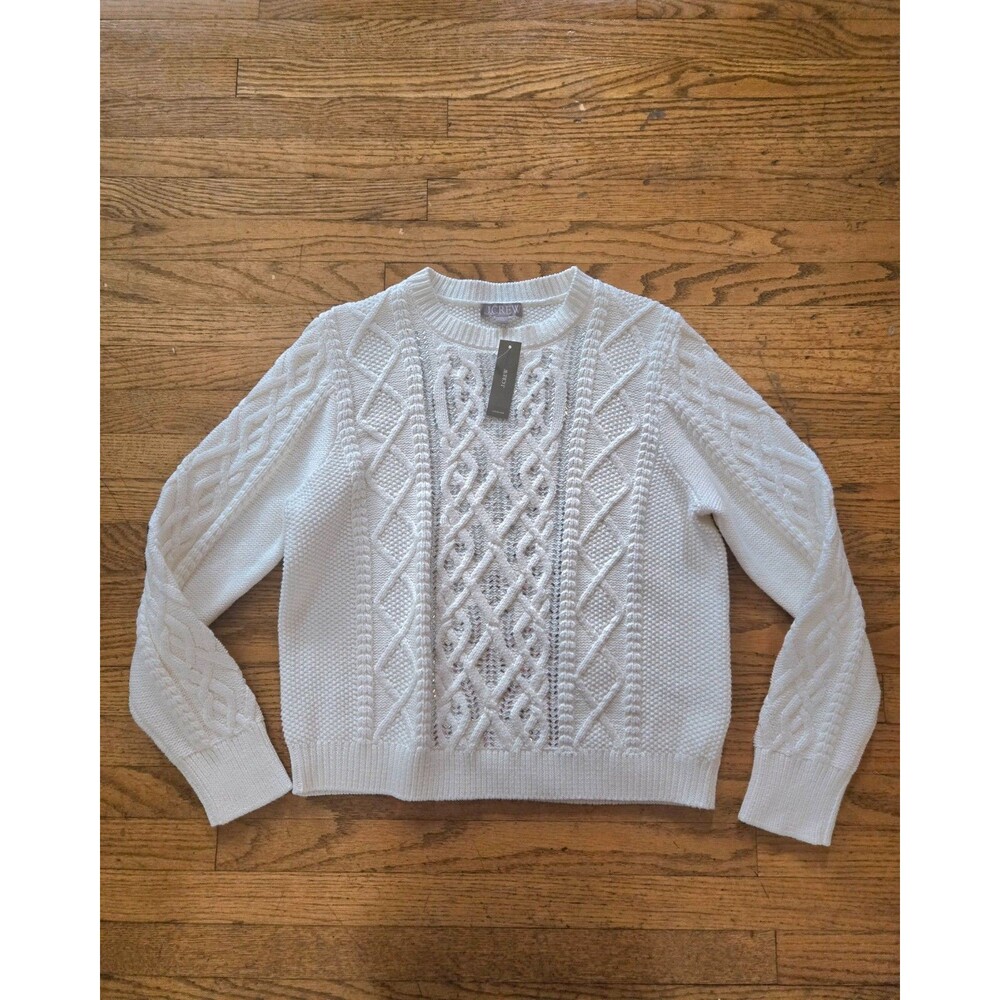 J. CREW Rhinestone Detail Cable Knit Sweater White Cotton Women's Large NWT